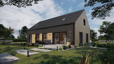ERDOL 124 - Version Links (Wohnzimmer auf der linken Seite) - Braas Celtic Lumino-Fliese - Vier Zimmer + Treppe im Wohnzimmer - Vier Zimmer-Dachfenster und Ein Bad-Dachfenster - Flächenbündige Raffstors SELT, Funksteuerung - Keine - Bez instalacji fotowoltaicznej