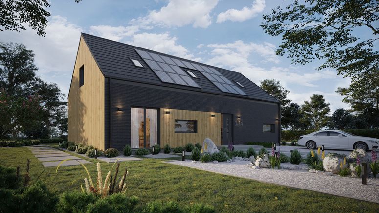 ERDOL 124 - Version Rechts (Wohnzimmer auf der rechten Seite) - Braas Teviva Dachziegel (flach) - Drei Zimmer + Treppenhaus - Zwei Zimmer-Dachfenster und Ein Bad-Dachfenster - Keine - Keine - Photovoltaik-Installation 9,6 kWp (24 Paneele)