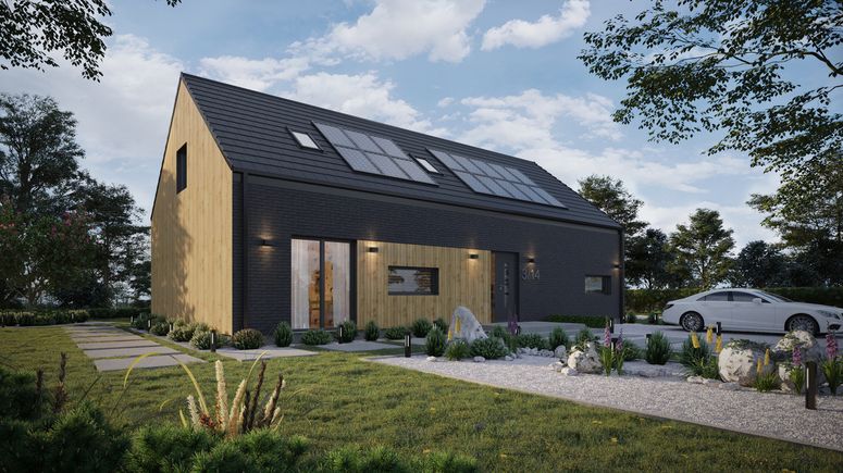 ERDOL 124 - Version Rechts (Wohnzimmer auf der rechten Seite) - Braas Teviva Dachziegel (flach) - Drei Zimmer + Treppenhaus - Keine Dachfenster - Keine - Keine - Photovoltaik-Installation 6,4 kWp (16 Paneele)