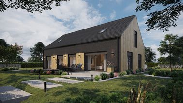 ERDOL 124 - Version Links (Wohnzimmer auf der linken Seite) - Braas Celtic Lumino-Fliese - Vier Zimmer + Treppe im Wohnzimmer - Vier Zimmer-Dachfenster und Ein Bad-Dachfenster - Flächenbündige Rollläden, Motor SOMFY, Funksteuerung - Bodentiefe Fenster im Dachgeschoss - Bez instalacji fotowoltaicznej