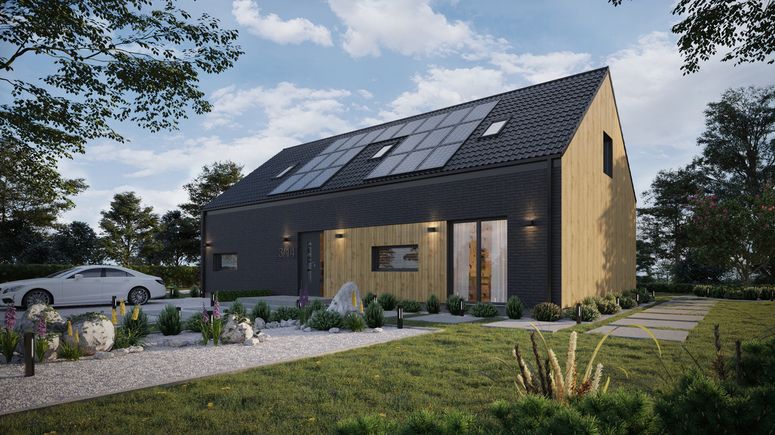 ERDOL 124 - Version Links (Wohnzimmer auf der linken Seite) - Braas Celtic Lumino-Fliese - Drei Zimmer + Treppenhaus - Zwei Zimmer-Dachfenster und Ein Bad-Dachfenster - Keine - Keine - Photovoltaik-Installation 9,6 kWp (24 Paneele)
