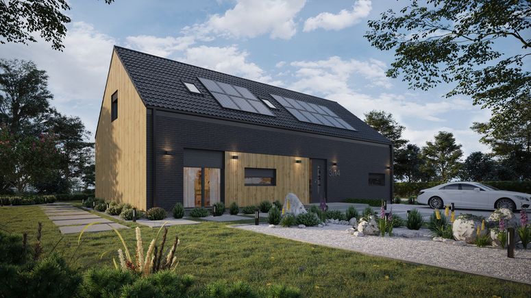 ERDOL 124 - Version Rechts (Wohnzimmer auf der rechten Seite) - Braas Celtic Lumino-Fliese - Drei Zimmer + Treppenhaus - Zimmer Dachfenster und Bad Dachfenster - Flächenbündige Rollläden, Motor SOMFY, Funksteuerung - Keine - Photovoltaik-Installation 6,4 kWp (16 Paneele)