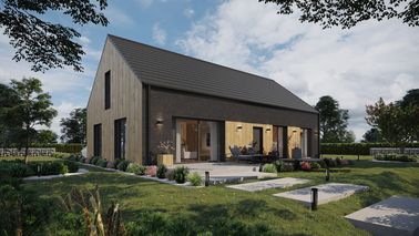 ERDOL 124 - Version Rechts (Wohnzimmer auf der rechten Seite) - Braas Teviva Dachziegel (flach) - Drei Zimmer + Treppenhaus - Zwei Zimmer-Dachfenster und Ein Bad-Dachfenster - Keine - Bodentiefe Fenster im Dachgeschoss - Ohne