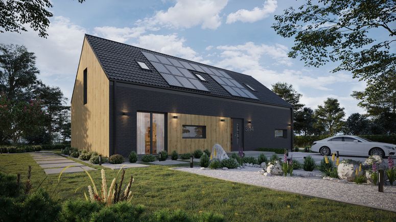 ERDOL 124 - Version Rechts (Wohnzimmer auf der rechten Seite) - Braas Celtic Lumino-Fliese - Drei Zimmer + Treppenhaus - Zwei Zimmer-Dachfenster und Ein Bad-Dachfenster - Keine - Bodentiefe Fenster im Dachgeschoss - Photovoltaik-Installation 9,6 kWp (24 Paneele)