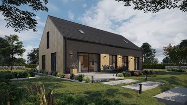 ERDOL 124 - Version Rechts (Wohnzimmer auf der rechten Seite) - Braas Celtic Lumino-Fliese - Vier Zimmer + Treppe im Wohnzimmer - Vier Zimmer-Dachfenster und Ein Bad-Dachfenster - Flächenbündige Raffstors SELT, Funksteuerung - Bodentiefe Fenster im Dachgeschoss - Bez instalacji fotowoltaicznej