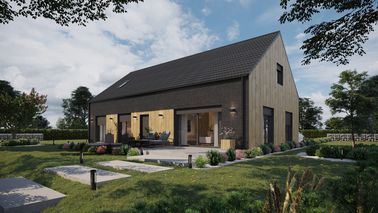 ERDOL 124 - Version Links (Wohnzimmer auf der linken Seite) - Braas Celtic Lumino-Fliese - Drei Zimmer + Treppenhaus - Drei Zimmer-Dachfenster und Ein Bad-Dachfenster - Flächenbündige Rollläden, Motor SOMFY, Funksteuerung - Keine - Photovoltaik-Installation 6,4 kWp (16 Paneele)
