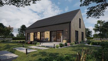 ERDOL 124 - Version Links (Wohnzimmer auf der linken Seite) - Braas Celtic Lumino-Fliese - Vier Zimmer + Treppe im Wohnzimmer - Zwei Zimmer-Dachfenster und Ein Bad-Dachfenster - Flächenbündige Raffstors SELT, Funksteuerung - Bodentiefe Fenster im Dachgeschoss - Bez instalacji fotowoltaicznej