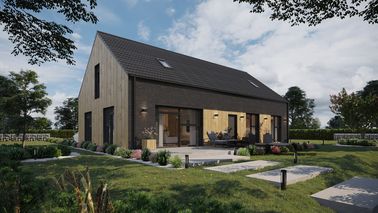 ERDOL 124 - Version Rechts (Wohnzimmer auf der rechten Seite) - Braas Celtic Lumino-Fliese - Drei Zimmer + Treppenhaus - Vier Zimmer-Dachfenster und Ein Bad-Dachfenster - Flächenbündige Raffstors SELT, Funksteuerung - Bodentiefe Fenster im Dachgeschoss - Bez instalacji fotowoltaicznej