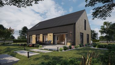 ERDOL 124 - Version Links (Wohnzimmer auf der linken Seite) - Braas Celtic Lumino-Fliese - Vier Zimmer + Treppe im Wohnzimmer - Drei Zimmer-Dachfenster und Ein Bad-Dachfenster - Flächenbündige Rollläden, Motor SOMFY, Funksteuerung - Bodentiefe Fenster im Dachgeschoss - Bez instalacji fotowoltaicznej