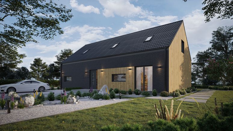 ERDOL 124 - Version Links (Wohnzimmer auf der linken Seite) - Braas Celtic Lumino-Fliese - Drei Zimmer + Treppenhaus - Drei Zimmer-Dachfenster und Ein Bad-Dachfenster - Keine - Keine - Ohne