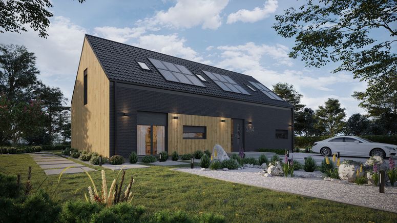ERDOL 124 - Version Rechts (Wohnzimmer auf der rechten Seite) - Braas Celtic Lumino-Fliese - Drei Zimmer + Treppenhaus - Drei Zimmer-Dachfenster und Ein Bad-Dachfenster - Flächenbündige Rollläden, Motor SOMFY, Funksteuerung - Bodentiefe Fenster im Dachgeschoss - Photovoltaik-Installation 6,4 kWp (16 Paneele)