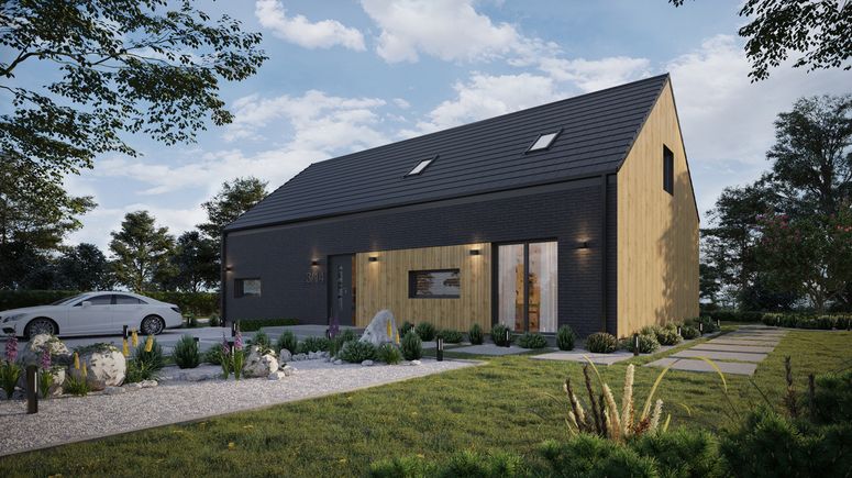 ERDOL 124 - Version Links (Wohnzimmer auf der linken Seite) - Braas Teviva Dachziegel (flach) - Drei Zimmer + Treppenhaus - Keine Dachfenster - Keine - Keine - Ohne