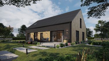 ERDOL 124 - Version Links (Wohnzimmer auf der linken Seite) - Braas Celtic Lumino-Fliese - Drei Zimmer + Treppenhaus - Drei Zimmer-Dachfenster und Ein Bad-Dachfenster - Flächenbündige Raffstors SELT, Funksteuerung - Bodentiefe Fenster im Dachgeschoss - Bez instalacji fotowoltaicznej