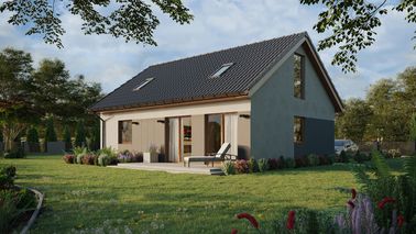 ERDOL 1 XL - Version Links (Wohnzimmer auf der linken Seite) - Satteldach mit Dachgeschoss -Dachneigung 35 Grad - Treppe in Treppenhaus - Zwei-Zimmer-Dachfenster - Bodentiefe Fenster im Dachgeschoss - Styropor, Netz, Kleber - Goldene Eiche - Photovoltaik-Installation 4,8 kWp (12 Paneele)