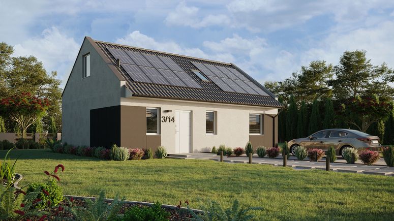 ERDOL 1 XL - Version Rechts (Wohnzimmer auf der rechten Seite) - Modernes Satteldach mit Dachgeschoss -Dachneigung 35 Grad - Treppe im Wohnzimmer - Dachfenster für Zimmer und Badezimmer - Standard - Styropor, Netz, Kleber - Weiß - Photovoltaik-Installation 6,4 kWp (16 Paneele)