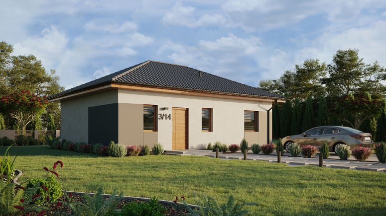 ERDOL 1 XL - Version Rechts (Wohnzimmer auf der rechten Seite) - Walmdach ohne Dachgeschoss- Dachneigung 25 Grad - keine Dachfenster - Standard - Styropor, Netz, Kleber - Goldene Eiche