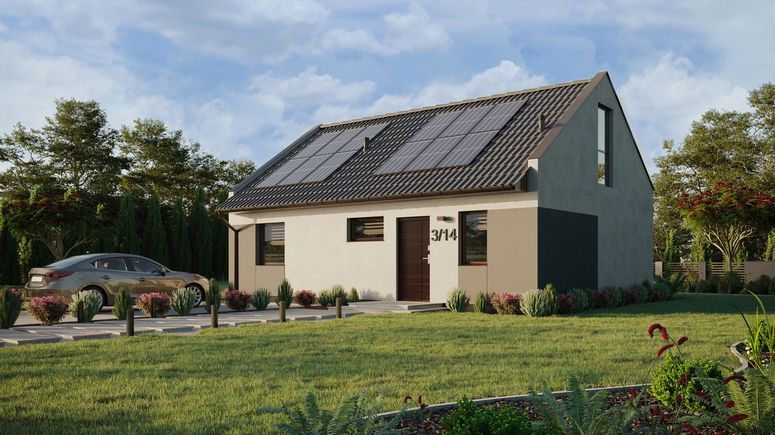 ERDOL 1 XL - Version Links (Wohnzimmer auf der linken Seite) - Modernes Satteldach mit Dachgeschoss -Dachneigung 35 Grad - Treppe in Treppenhaus - keine Dachfenster - Bodentiefe Fenster im Dachgeschoss - Styropor, Netz, Kleber - Nusbaum - Photovoltaik-Installation 4,8 kWp (12 Paneele)