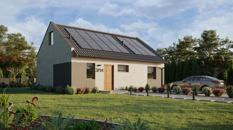 ERDOL 1 XL - Version Rechts (Wohnzimmer auf der rechten Seite) - Modernes Satteldach mit Dachgeschoss -Dachneigung 35 Grad - Treppe in Treppenhaus - keine Dachfenster - Standard - Styropor, Netz, Kleber - Goldene Eiche - Photovoltaik-Installation 6,4 kWp (16 Paneele)