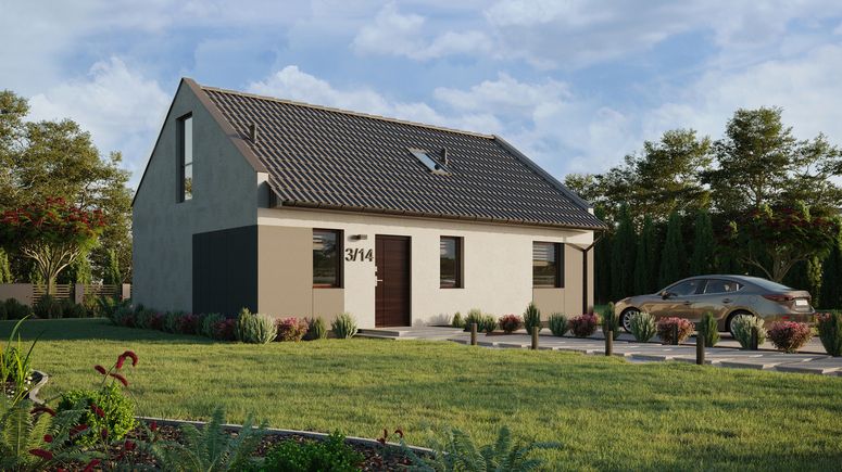 ERDOL 1 XL - Version Rechts (Wohnzimmer auf der rechten Seite) - Modernes Satteldach mit Dachgeschoss -Dachneigung 35 Grad - Treppe im Wohnzimmer - Dachfenster für Zimmer und Badezimmer - Balkontür im Esszimmer und Bodentiefe Fenster im Dachgeschoss - Styropor, Netz, Kleber - Nusbaum - Ohne