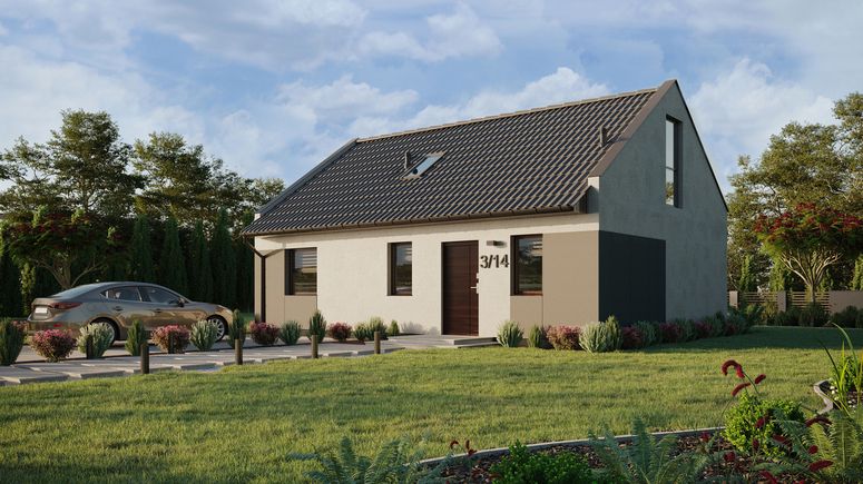 ERDOL 1 XL - Version Links (Wohnzimmer auf der linken Seite) - Modernes Satteldach mit Dachgeschoss -Dachneigung 35 Grad - Treppe im Wohnzimmer - Dachfenster für Zimmer und Badezimmer - Bodentiefe Fenster im Dachgeschoss - Styropor, Netz, Kleber - Nusbaum - Ohne