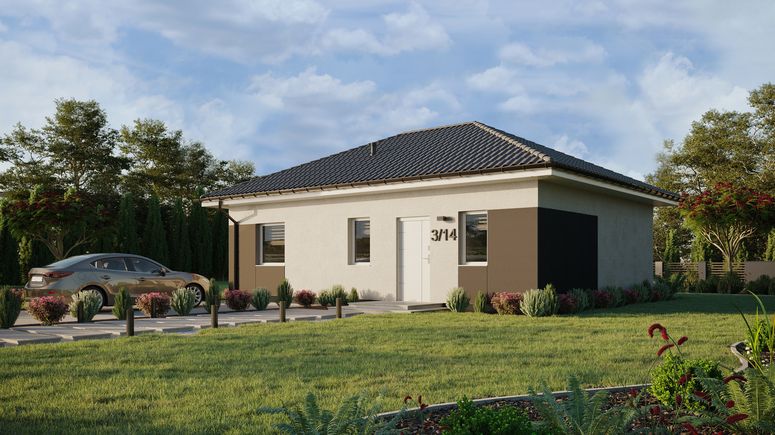 ERDOL 1 XL - Version Links (Wohnzimmer auf der linken Seite) - Walmdach ohne Dachgeschoss- Dachneigung 25 Grad - keine Dachfenster - Standard - Styropor, Netz, Kleber - Weiß