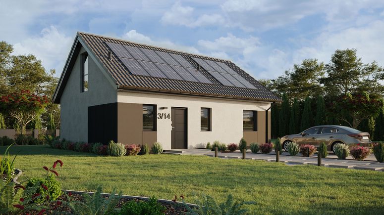 ERDOL 1 XL - Version Rechts (Wohnzimmer auf der rechten Seite) - Satteldach mit Dachgeschoss -Dachneigung 35 Grad - Treppe im Wohnzimmer - keine Dachfenster - Bodentiefe Fenster im Dachgeschoss - Styropor, Netz, Kleber - Anthrazit - Photovoltaik-Installation 6,4 kWp (16 Paneele)