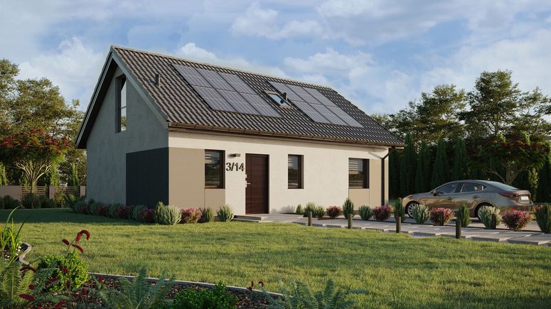 ERDOL 1 XL - Version Rechts (Wohnzimmer auf der rechten Seite) - Satteldach mit Dachgeschoss -Dachneigung 35 Grad - Treppe im Wohnzimmer - Dachfenster für Zimmer und Badezimmer - Balkontür im Esszimmer und Bodentiefe Fenster im Dachgeschoss - Styropor, Netz, Kleber - Nusbaum - Photovoltaik-Installation 4,8 kWp (12 Paneele)