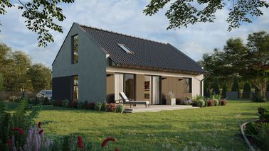 ERDOL 1 XL - Version Rechts (Wohnzimmer auf der rechten Seite) - Modernes Satteldach mit Dachgeschoss -Dachneigung 35 Grad - Treppe in Treppenhaus - Dachfenster für Zimmer und Badezimmer - Balkontür im Esszimmer und Bodentiefe Fenster im Dachgeschoss - Styropor, Netz, Kleber - Anthrazit - Ohne