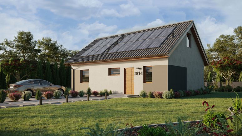 ERDOL 1 XL - Version Links (Wohnzimmer auf der linken Seite) - Satteldach mit Dachgeschoss -Dachneigung 35 Grad - Treppe in Treppenhaus - Dachfenster für Zimmer und Badezimmer - Standard - Styropor, Netz, Kleber - Goldene Eiche - Photovoltaik-Installation 6,4 kWp (16 Paneele)