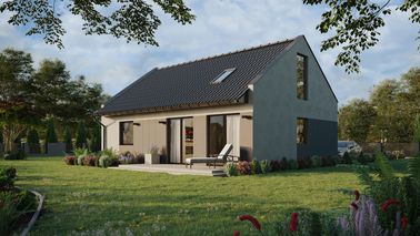 ERDOL 1 XL - Version Links (Wohnzimmer auf der linken Seite) - Modernes Satteldach mit Dachgeschoss -Dachneigung 35 Grad - Treppe im Wohnzimmer - Dachfenster für Zimmer und Badezimmer - Bodentiefe Fenster im Dachgeschoss - Styropor, Netz, Kleber - Nusbaum - Ohne