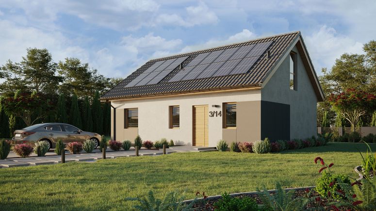 ERDOL 1 XL - Version Links (Wohnzimmer auf der linken Seite) - Satteldach mit Dachgeschoss -Dachneigung 35 Grad - Treppe im Wohnzimmer - keine Dachfenster - Balkontür im Esszimmer und Bodentiefe Fenster im Dachgeschoss - Styropor, Netz, Kleber - Winchester - Photovoltaik-Installation 6,4 kWp (16 Paneele)