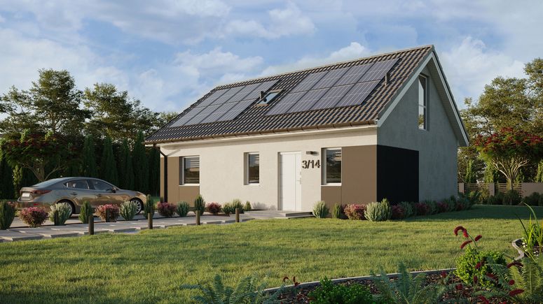 ERDOL 1 XL - Version Links (Wohnzimmer auf der linken Seite) - Satteldach mit Dachgeschoss -Dachneigung 35 Grad - Treppe im Wohnzimmer - Dachfenster für Zimmer und Badezimmer - Balkontür im Esszimmer und Bodentiefe Fenster im Dachgeschoss - Styropor, Netz, Kleber - Weiß - Photovoltaik-Installation 6,4 kWp (16 Paneele)