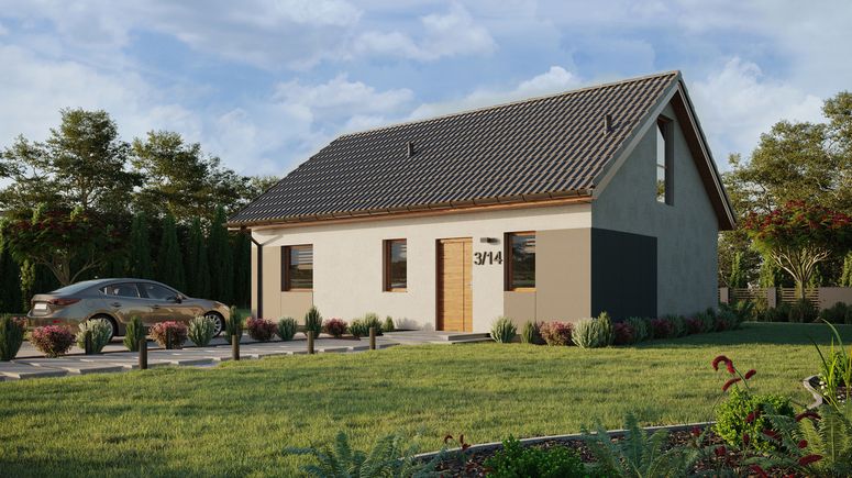 ERDOL 1 XL - Version Links (Wohnzimmer auf der linken Seite) - Satteldach mit Dachgeschoss -Dachneigung 35 Grad - Treppe im Wohnzimmer - keine Dachfenster - Balkontür im Esszimmer und Bodentiefe Fenster im Dachgeschoss - Styropor, Netz, Kleber - Goldene Eiche - Ohne