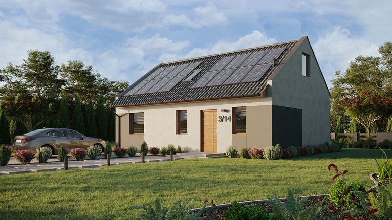 ERDOL 1 XL - Version Links (Wohnzimmer auf der linken Seite) - Modernes Satteldach mit Dachgeschoss -Dachneigung 35 Grad - Treppe im Wohnzimmer - Dachfenster für Zimmer und Badezimmer - Standard - Styropor, Netz, Kleber - Goldene Eiche - Photovoltaik-Installation 6,4 kWp (16 Paneele)