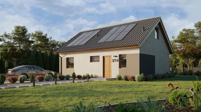 ERDOL 1 XL - Version Links (Wohnzimmer auf der linken Seite) - Satteldach mit Dachgeschoss -Dachneigung 35 Grad - Treppe in Treppenhaus - Zwei-Zimmer-Dachfenster - Standard - Styropor, Netz, Kleber - Goldene Eiche - Photovoltaik-Installation 4,8 kWp (12 Paneele)