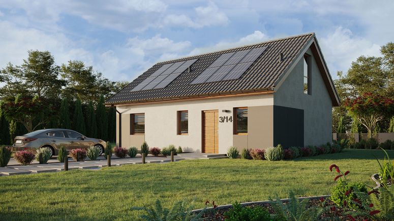 ERDOL 1 XL - Version Links (Wohnzimmer auf der linken Seite) - Satteldach mit Dachgeschoss -Dachneigung 35 Grad - Treppe im Wohnzimmer - Zwei-Zimmer-Dachfenster - Bodentiefe Fenster im Dachgeschoss - Styropor, Netz, Kleber - Goldene Eiche - Photovoltaik-Installation 4,8 kWp (12 Paneele)