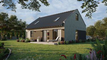 ERDOL 1 XL - Version Links (Wohnzimmer auf der linken Seite) - Modernes Satteldach mit Dachgeschoss -Dachneigung 35 Grad - Treppe im Wohnzimmer - Zwei-Zimmer-Dachfenster - Balkontür im Esszimmer - Styropor, Netz, Kleber - Anthrazit - Ohne