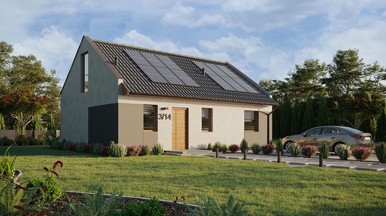 ERDOL 1 XL - Version Rechts (Wohnzimmer auf der rechten Seite) - Modernes Satteldach mit Dachgeschoss -Dachneigung 35 Grad - Treppe im Wohnzimmer - keine Dachfenster - Bodentiefe Fenster im Dachgeschoss - Styropor, Netz, Kleber - Goldene Eiche - Photovoltaik-Installation 4,8 kWp (12 Paneele)