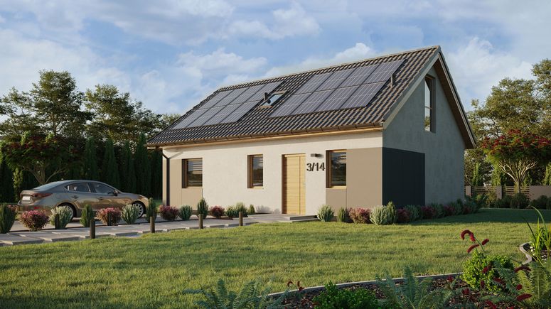 ERDOL 1 XL - Version Links (Wohnzimmer auf der linken Seite) - Satteldach mit Dachgeschoss -Dachneigung 35 Grad - Treppe im Wohnzimmer - Dachfenster für Zimmer und Badezimmer - Balkontür im Esszimmer und Bodentiefe Fenster im Dachgeschoss - Styropor, Netz, Kleber - Winchester - Photovoltaik-Installation 6,4 kWp (16 Paneele)