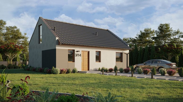 ERDOL 1 XL - Version Rechts (Wohnzimmer auf der rechten Seite) - Modernes Satteldach mit Dachgeschoss -Dachneigung 35 Grad - Treppe im Wohnzimmer - keine Dachfenster - Balkontür im Esszimmer und Bodentiefe Fenster im Dachgeschoss - Styropor, Netz, Kleber - Goldene Eiche - Ohne