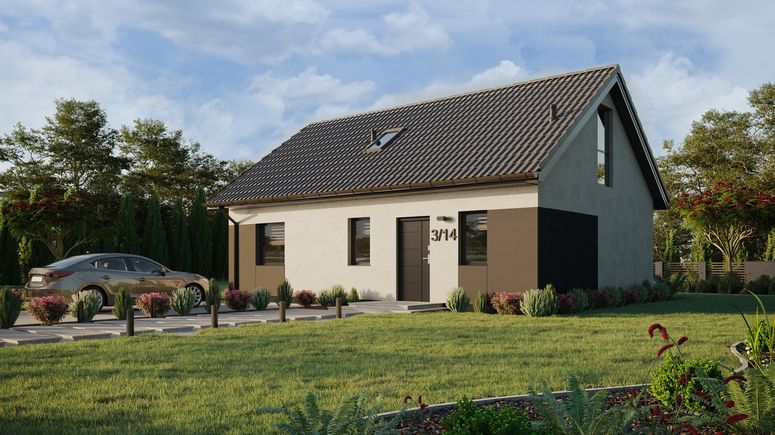 ERDOL 1 XL - Version Links (Wohnzimmer auf der linken Seite) - Satteldach mit Dachgeschoss -Dachneigung 35 Grad - Treppe im Wohnzimmer - Dachfenster für Zimmer und Badezimmer - Balkontür im Esszimmer und Bodentiefe Fenster im Dachgeschoss - Styropor, Netz, Kleber - Anthrazit - Ohne