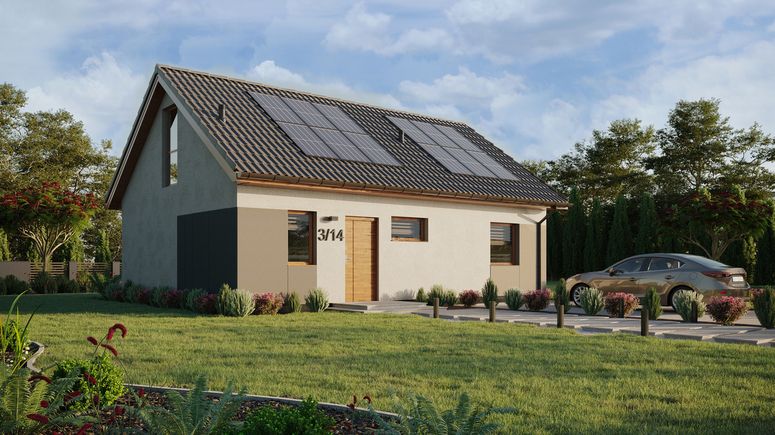ERDOL 1 XL - Version Rechts (Wohnzimmer auf der rechten Seite) - Satteldach mit Dachgeschoss -Dachneigung 35 Grad - Treppe in Treppenhaus - keine Dachfenster - Balkontür im Esszimmer und Bodentiefe Fenster im Dachgeschoss - Styropor, Netz, Kleber - Goldene Eiche - Photovoltaik-Installation 4,8 kWp (12 Paneele)