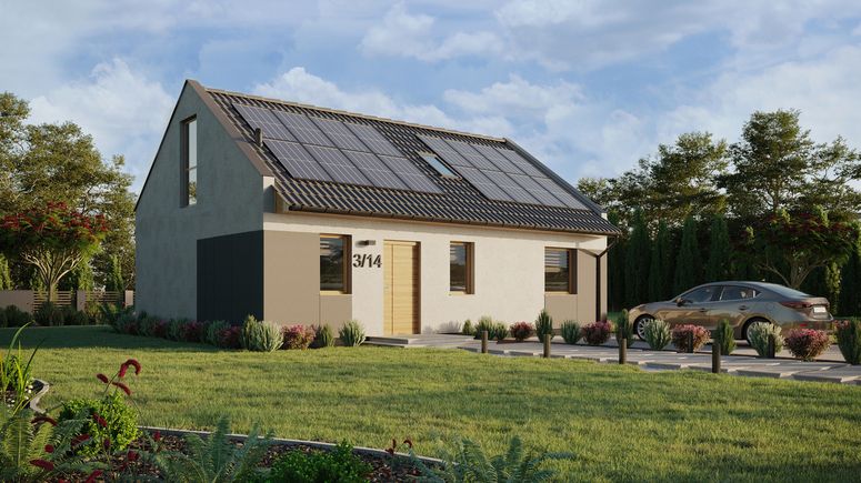 ERDOL 1 XL - Version Rechts (Wohnzimmer auf der rechten Seite) - Modernes Satteldach mit Dachgeschoss -Dachneigung 35 Grad - Treppe im Wohnzimmer - Dachfenster für Zimmer und Badezimmer - Balkontür im Esszimmer und Bodentiefe Fenster im Dachgeschoss - Styropor, Netz, Kleber - Winchester - Photovoltaik-Installation 6,4 kWp (16 Paneele)