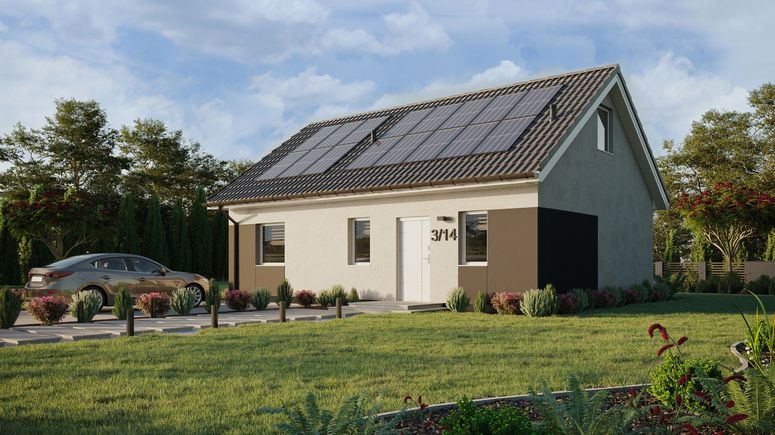 ERDOL 1 XL - Version Links (Wohnzimmer auf der linken Seite) - Satteldach mit Dachgeschoss -Dachneigung 35 Grad - Treppe im Wohnzimmer - keine Dachfenster - Standard - Styropor, Netz, Kleber - Weiß - Photovoltaik-Installation 6,4 kWp (16 Paneele)