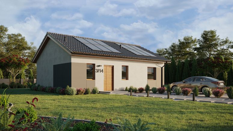 ERDOL 1 XL - Version Rechts (Wohnzimmer auf der rechten Seite) - Satteldach ohne Dachgeschoss - Dachneigung 25 Grad - keine Dachfenster - Standard - Styropor, Netz, Kleber - Goldene Eiche - Photovoltaik-Installation 4,8 kWp (12 Paneele)