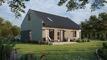 ERDOL 1 XL - Version Rechts (Wohnzimmer auf der rechten Seite) - Modernes Satteldach mit Dachgeschoss -Dachneigung 35 Grad - Treppe in Treppenhaus - Dachfenster für Zimmer und Badezimmer - Balkontür im Esszimmer - Styropor, Netz, Kleber - Nusbaum - Photovoltaik-Installation 4,8 kWp (12 Paneele)