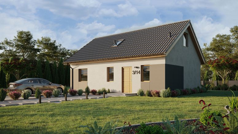 ERDOL 1 XL - Version Links (Wohnzimmer auf der linken Seite) - Satteldach mit Dachgeschoss -Dachneigung 35 Grad - Treppe im Wohnzimmer - Dachfenster für Zimmer und Badezimmer - Balkontür im Esszimmer - Styropor, Netz, Kleber - Winchester - Ohne