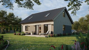 ERDOL 1 XL - Version Links (Wohnzimmer auf der linken Seite) - Satteldach mit Dachgeschoss -Dachneigung 35 Grad - Treppe in Treppenhaus - Zwei-Zimmer-Dachfenster - Standard - Styropor, Netz, Kleber - Nusbaum - Photovoltaik-Installation 4,8 kWp (12 Paneele)