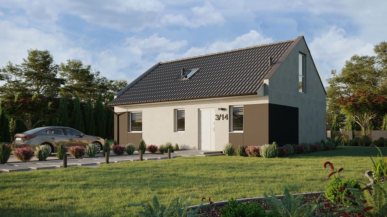 ERDOL 1 XL - Version Links (Wohnzimmer auf der linken Seite) - Modernes Satteldach mit Dachgeschoss -Dachneigung 35 Grad - Treppe im Wohnzimmer - Dachfenster für Zimmer und Badezimmer - Balkontür im Esszimmer und Bodentiefe Fenster im Dachgeschoss - Styropor, Netz, Kleber - Weiß - Ohne