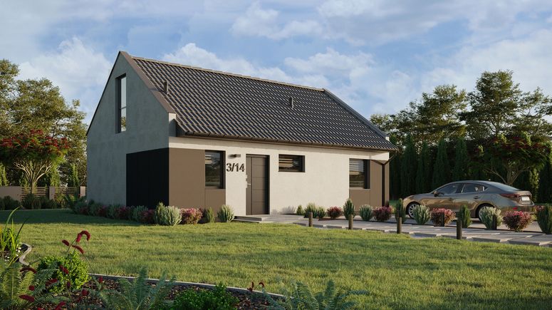 ERDOL 1 XL - Version Rechts (Wohnzimmer auf der rechten Seite) - Modernes Satteldach mit Dachgeschoss -Dachneigung 35 Grad - Treppe in Treppenhaus - keine Dachfenster - Bodentiefe Fenster im Dachgeschoss - Styropor, Netz, Kleber - Anthrazit - Ohne